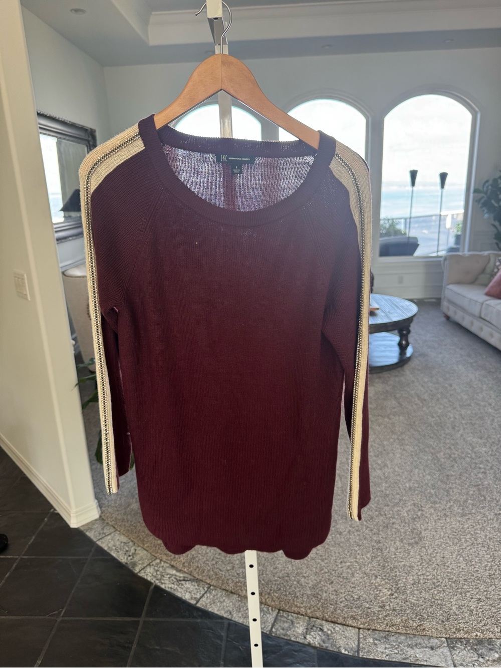 INC International Concepts Burgundy Sweater with Cream Shoulder Stripes
